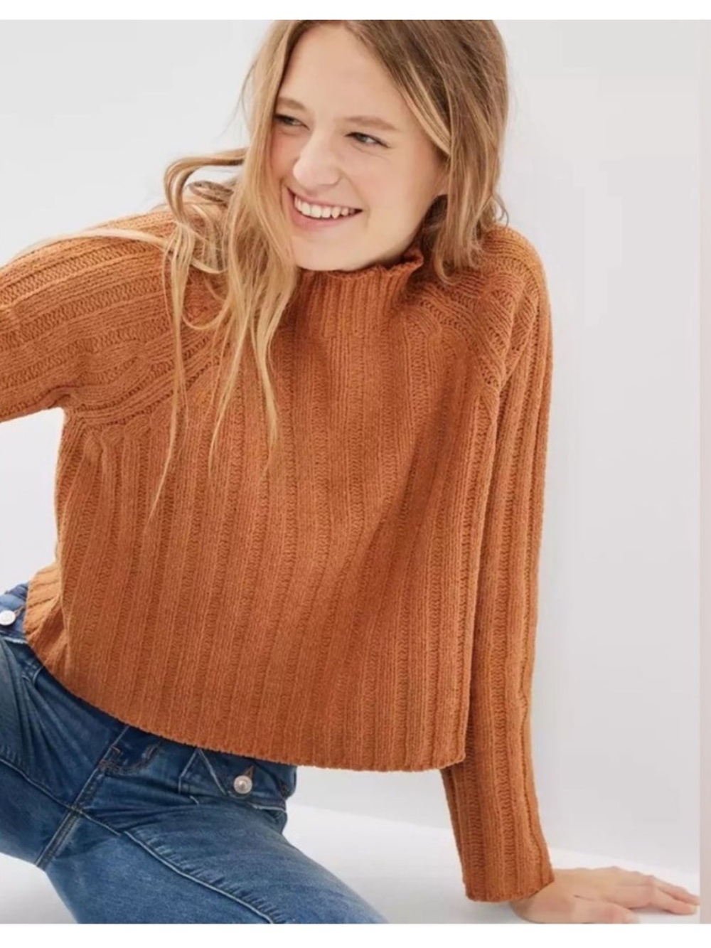 American Eagle Outfitters Cropped Ribbed Mock Neck Sweater